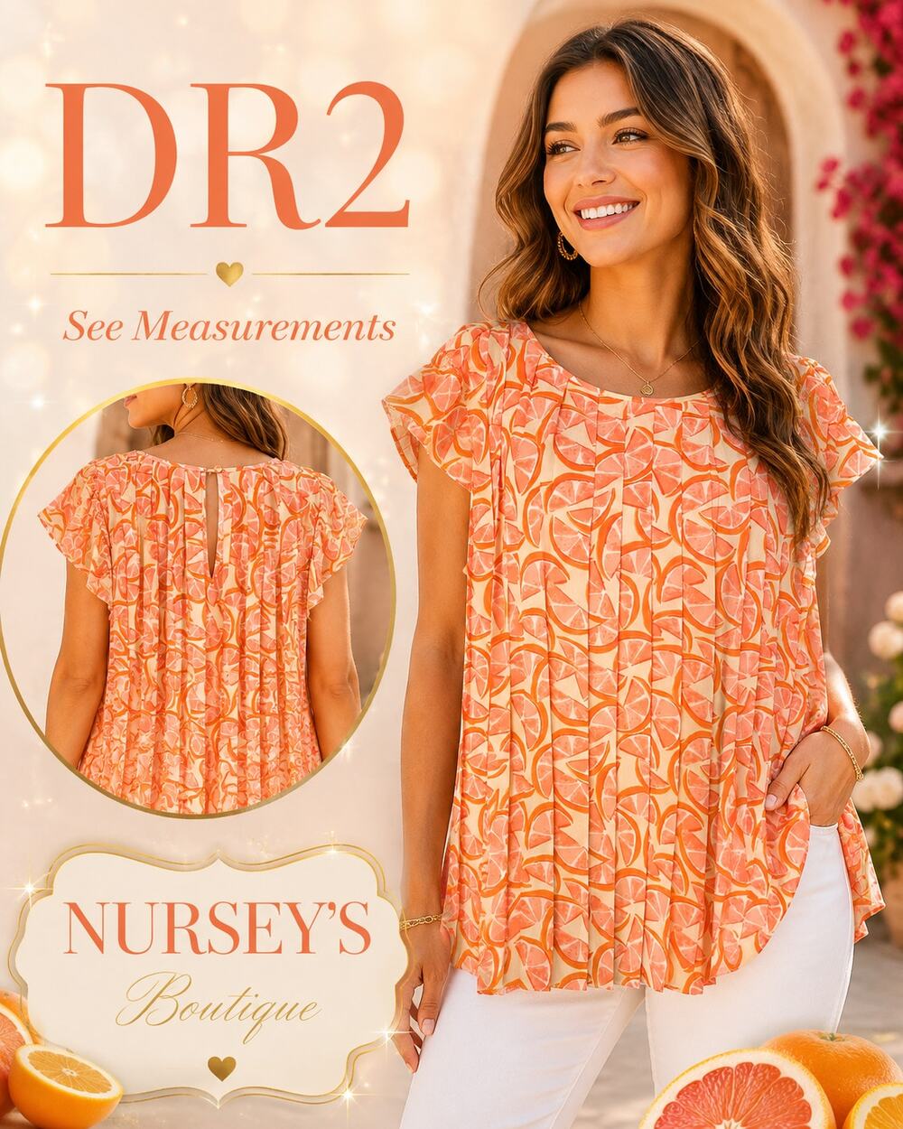 DR2 Daniel Rainn Citrus Print Pleated Flutter Sleeve Blouse Orange Pink